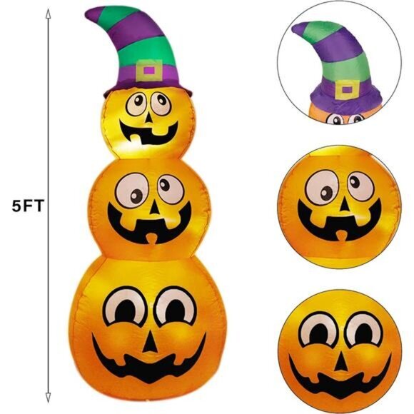 5 FT Halloween Inflatable Stacked Pumpkins w/ Witch Hat - LED Lighted Yard Decor - Picture 2 of 7